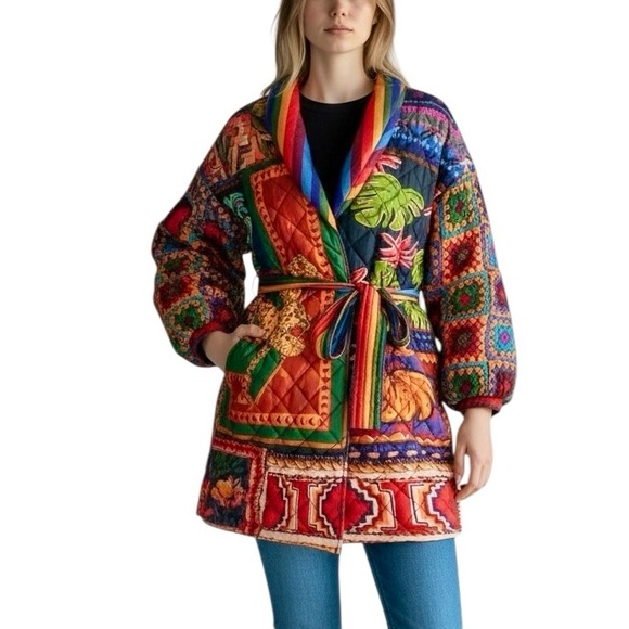 FARM RIO Patchwork Coat Quilted Crochet Sweater Sleeve Trench Boho Print Jacket - Picture 16 of 16